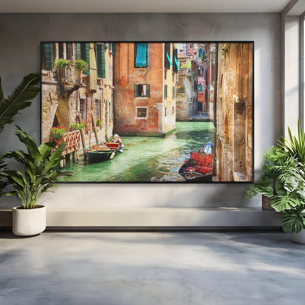 Tablou Canvas Premium LuxCanva® A1106, Prin Venetia , Gondola, Barca, Plimbare, Case, Culori Vibrante