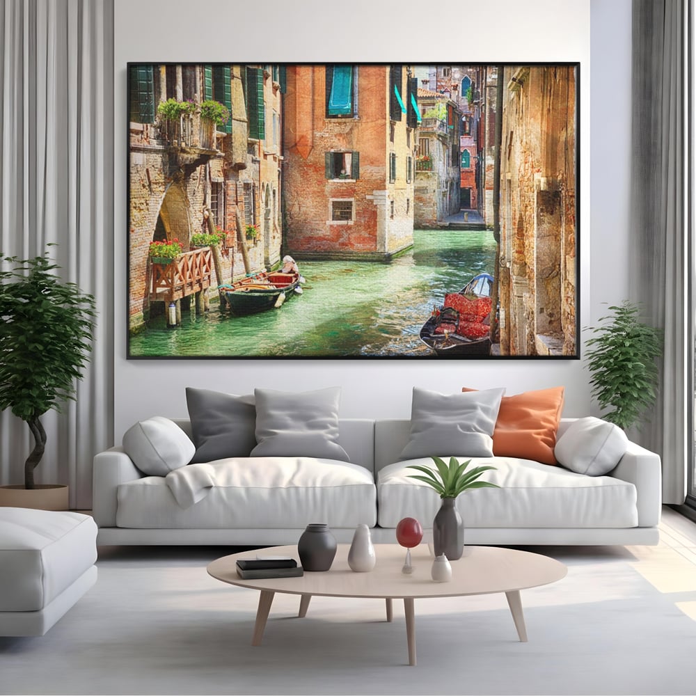 Tablou Canvas Premium LuxCanva® A1106, Prin Venetia , Gondola, Barca, Plimbare, Case, Culori Vibrante