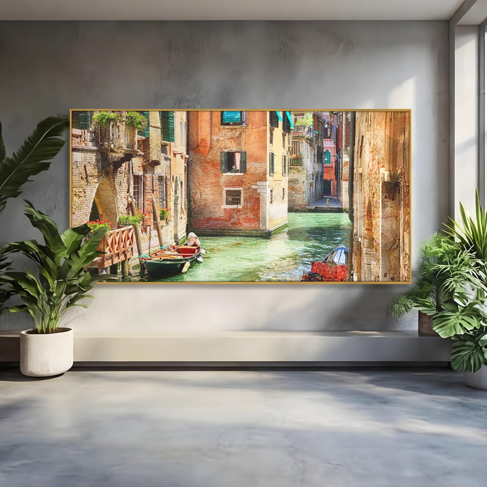 Tablou Canvas Premium LuxCanva® A1106, Prin Venetia , Gondola, Barca, Plimbare, Case, Culori Vibrante