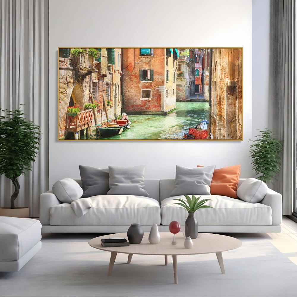 Tablou Canvas Premium LuxCanva® A1106, Prin Venetia , Gondola, Barca, Plimbare, Case, Culori Vibrante