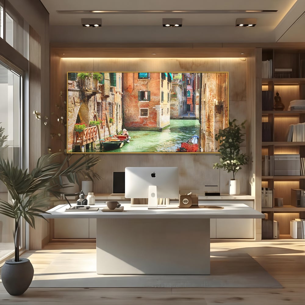 Tablou Canvas Premium LuxCanva® A1106, Prin Venetia , Gondola, Barca, Plimbare, Case, Culori Vibrante