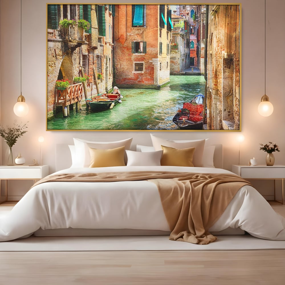 Tablou Canvas Premium LuxCanva® A1106, Prin Venetia , Gondola, Barca, Plimbare, Case, Culori Vibrante