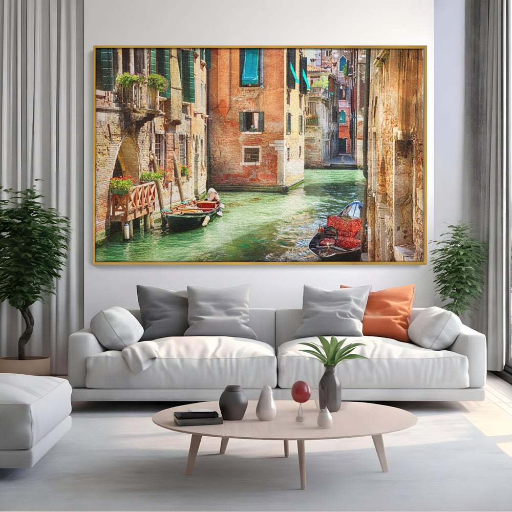 Tablou Canvas Premium LuxCanva® A1106, Prin Venetia , Gondola, Barca, Plimbare, Case, Culori Vibrante