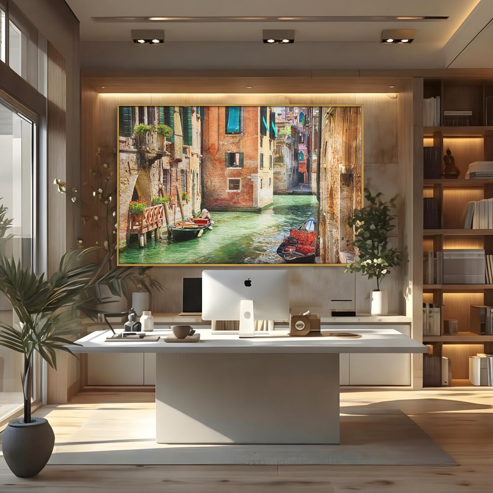 Tablou Canvas Premium LuxCanva® A1106, Prin Venetia , Gondola, Barca, Plimbare, Case, Culori Vibrante
