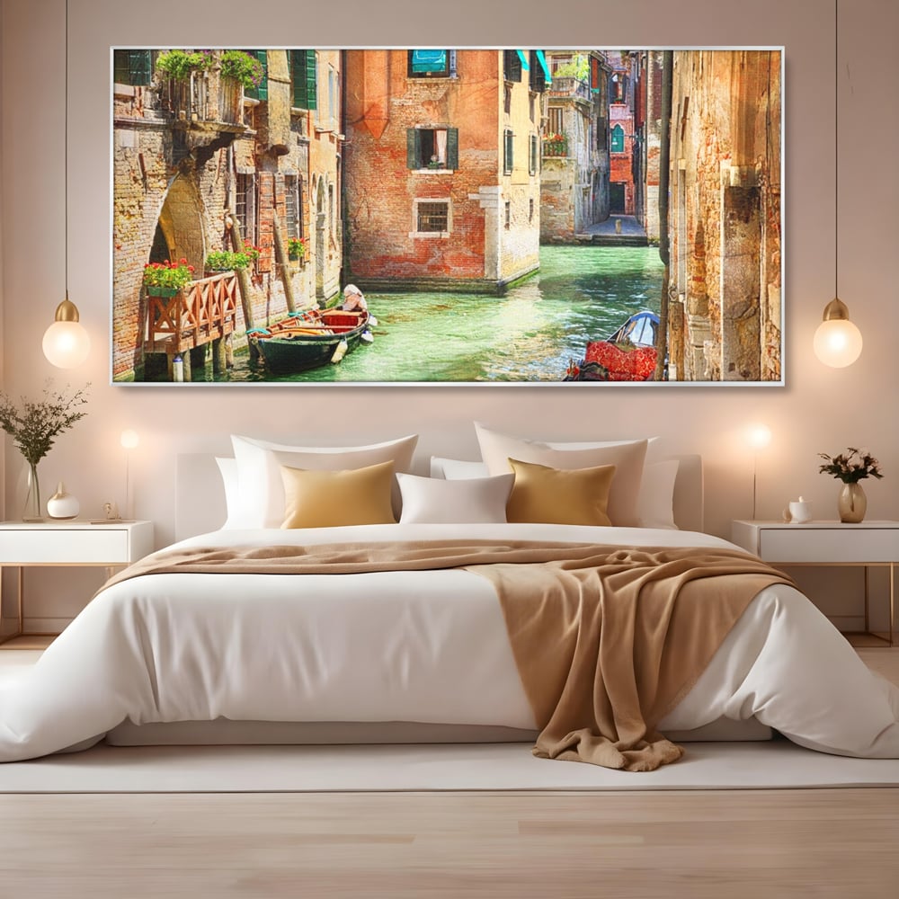 Tablou Canvas Premium LuxCanva® A1106, Prin Venetia , Gondola, Barca, Plimbare, Case, Culori Vibrante