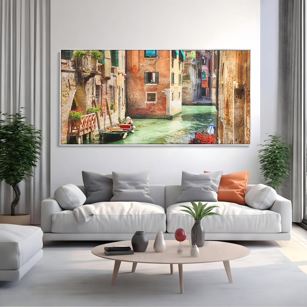 Tablou Canvas Premium LuxCanva® A1106, Prin Venetia , Gondola, Barca, Plimbare, Case, Culori Vibrante