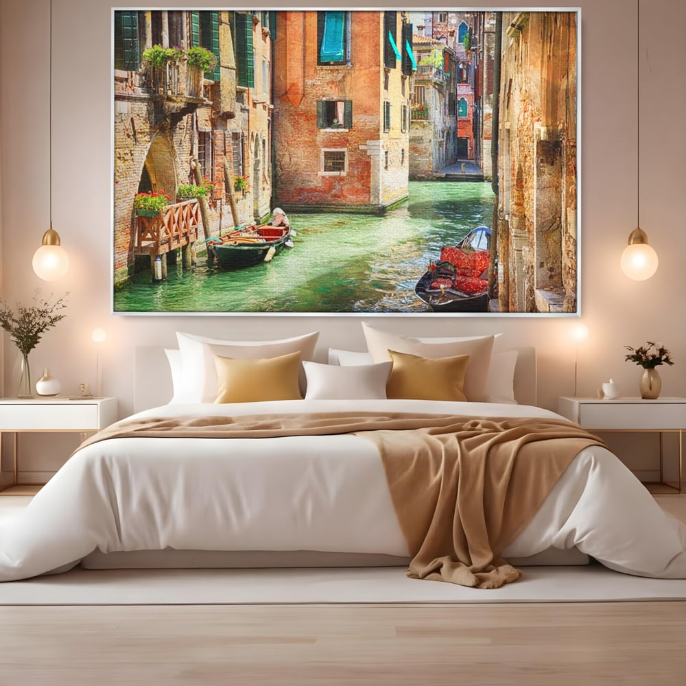 Tablou Canvas Premium LuxCanva® A1106, Prin Venetia , Gondola, Barca, Plimbare, Case, Culori Vibrante