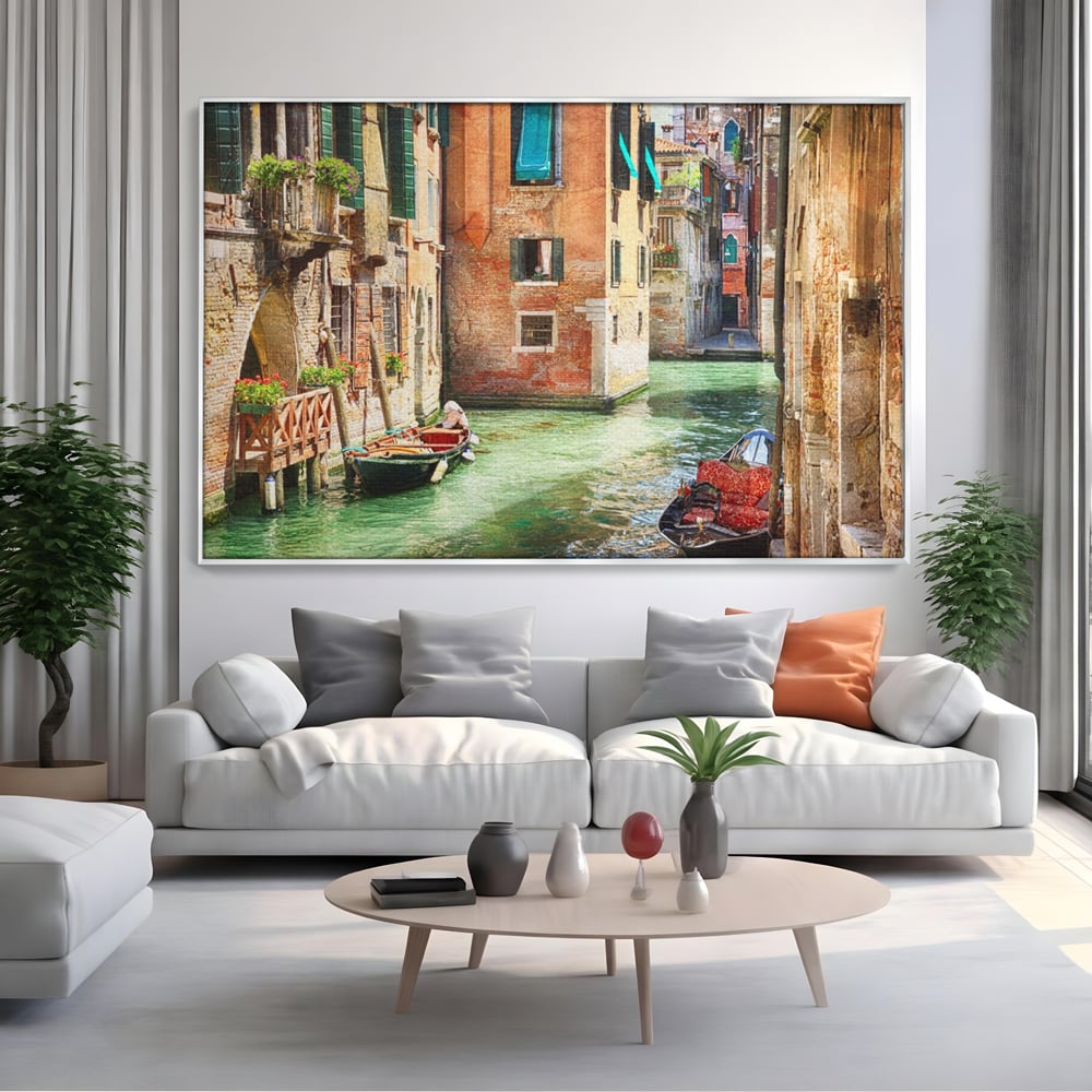 Tablou Canvas Premium LuxCanva® A1106, Prin Venetia , Gondola, Barca, Plimbare, Case, Culori Vibrante