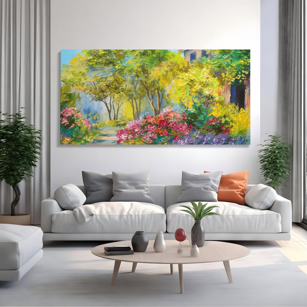 Tablou Canvas Premium LuxCanva® A1108, Vara In Padure , Peisaj, Natura, Flori, Copaci, Culori Vibrante