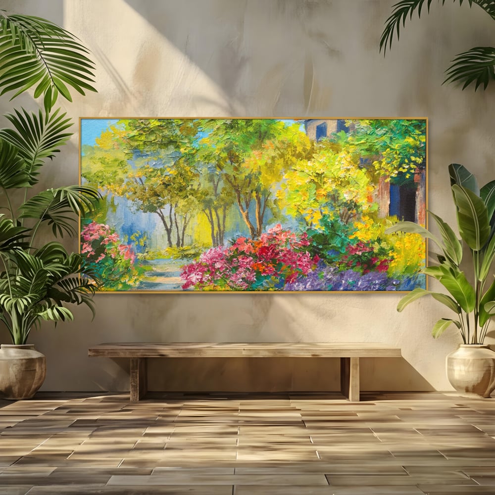 Tablou Canvas Premium LuxCanva® A1108, Vara In Padure , Peisaj, Natura, Flori, Copaci, Culori Vibrante