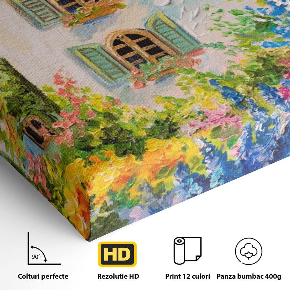 Tablou Canvas Premium LuxCanva® A1109, Casa Din Gradina ,  Peisaj, Natura, Flori Galbene, Culori Vibrante