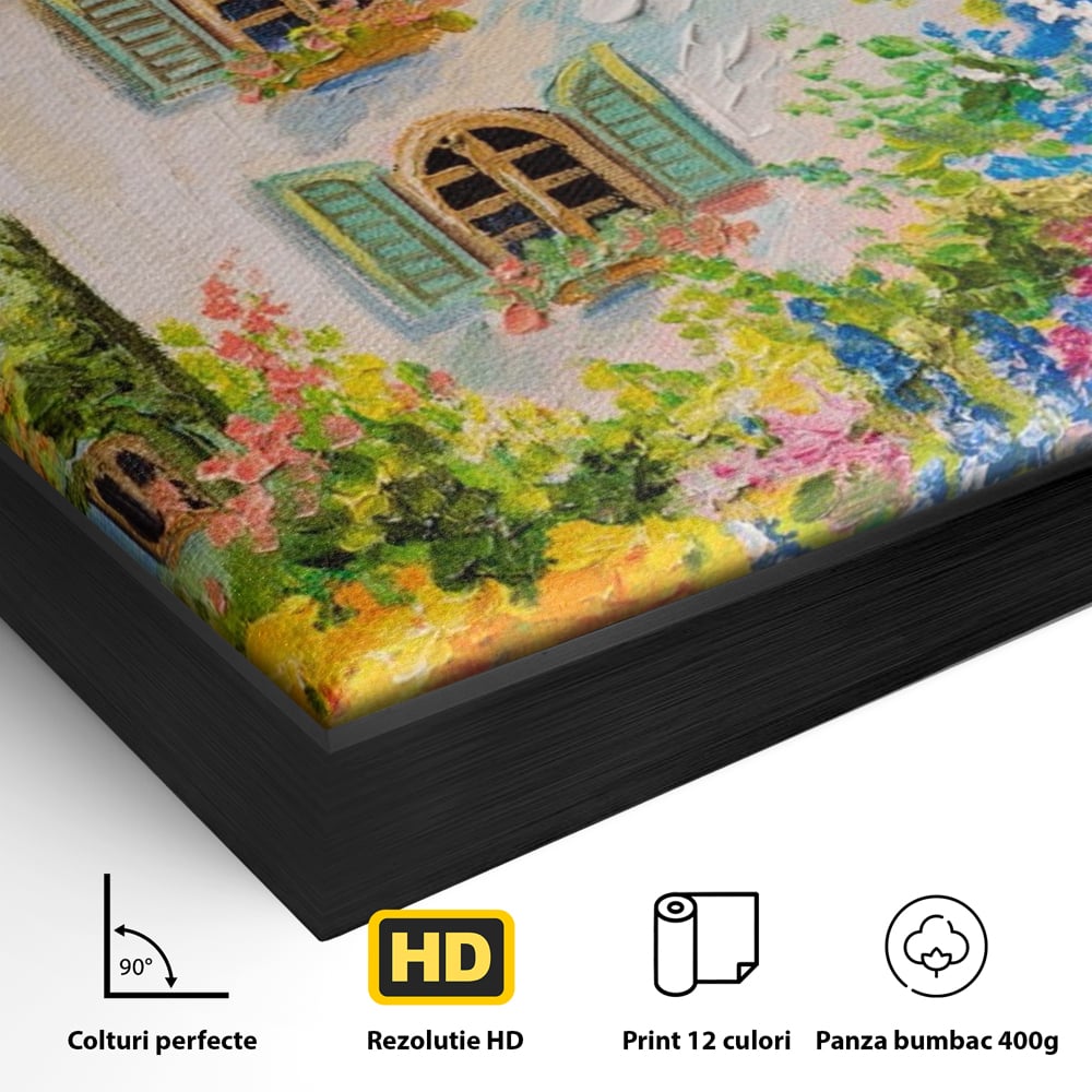 Tablou Canvas Premium LuxCanva® A1109, Casa Din Gradina ,  Peisaj, Natura, Flori Galbene, Culori Vibrante