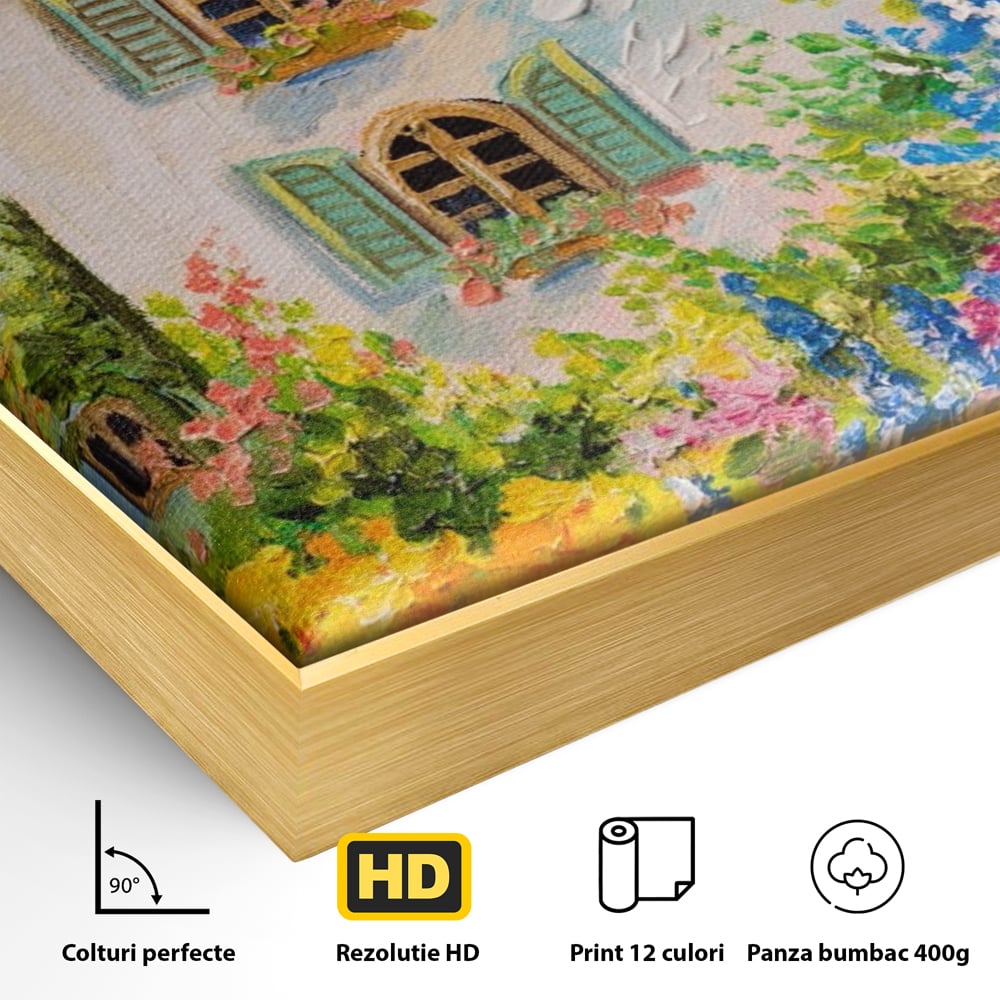 Tablou Canvas Premium LuxCanva® A1109, Casa Din Gradina ,  Peisaj, Natura, Flori Galbene, Culori Vibrante