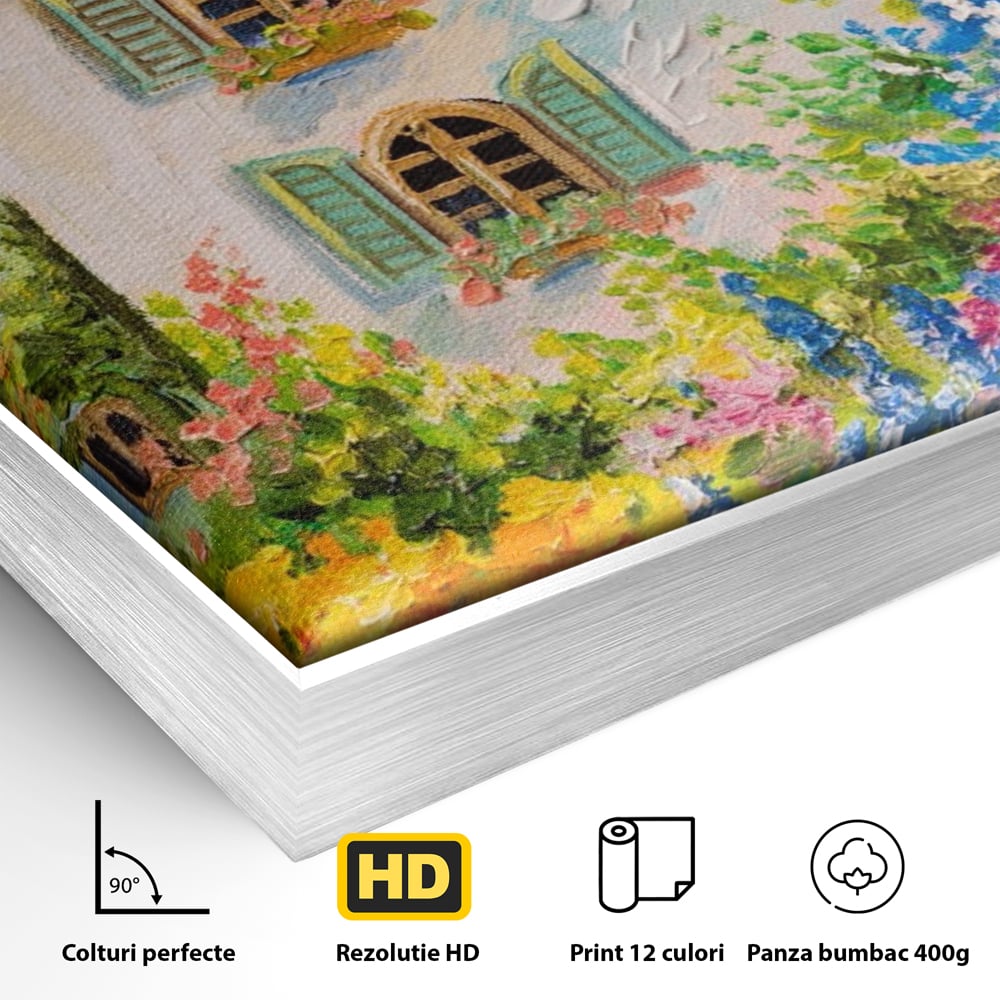 Tablou Canvas Premium LuxCanva® A1109, Casa Din Gradina ,  Peisaj, Natura, Flori Galbene, Culori Vibrante