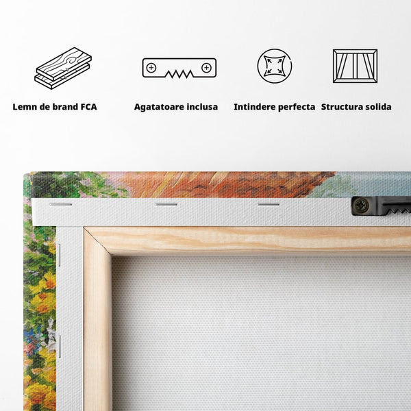 Tablou Canvas Premium LuxCanva® A1109, Casa Din Gradina ,  Peisaj, Natura, Flori Galbene, Culori Vibrante
