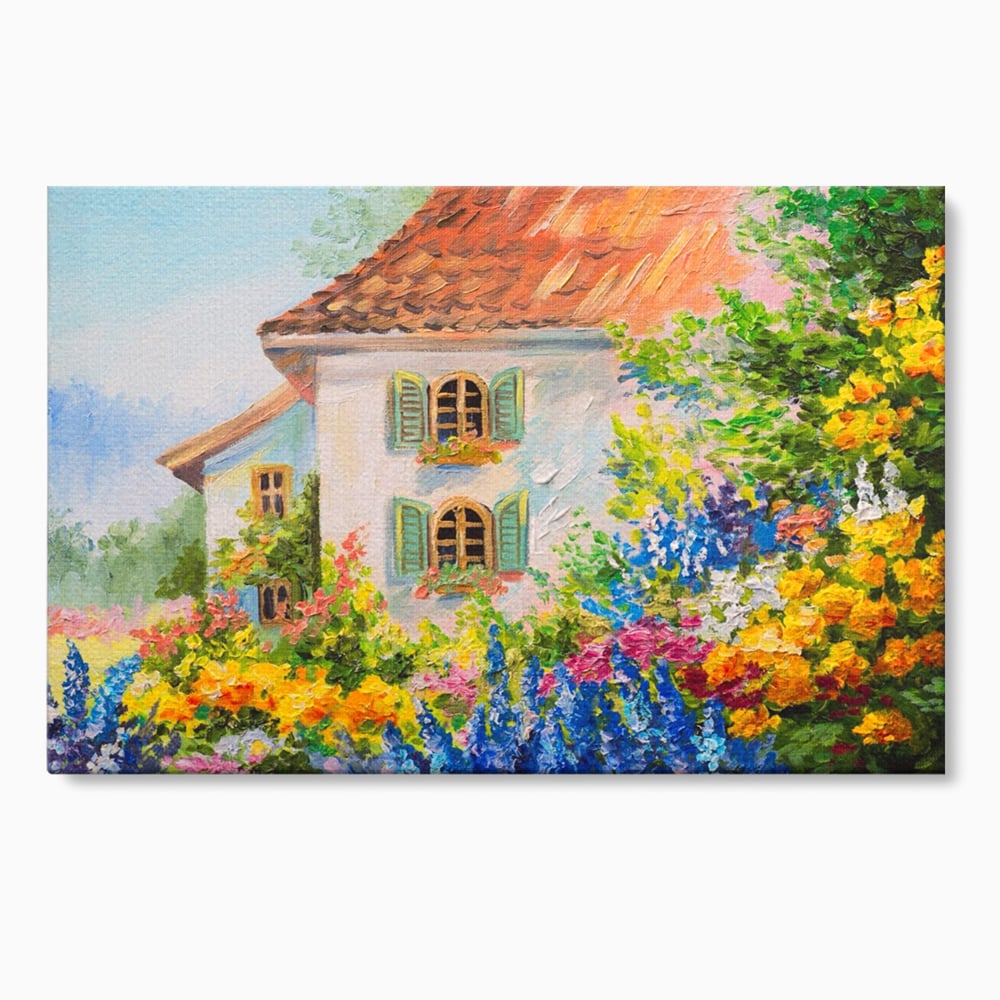 Tablou Canvas Premium LuxCanva® A1109, Casa Din Gradina ,  Peisaj, Natura, Flori Galbene, Culori Vibrante