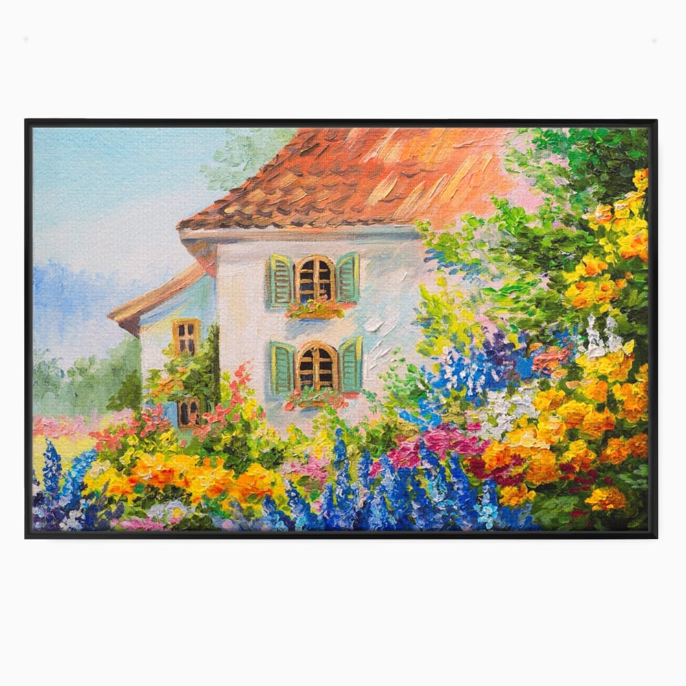 Tablou Canvas Premium LuxCanva® A1109, Casa Din Gradina ,  Peisaj, Natura, Flori Galbene, Culori Vibrante