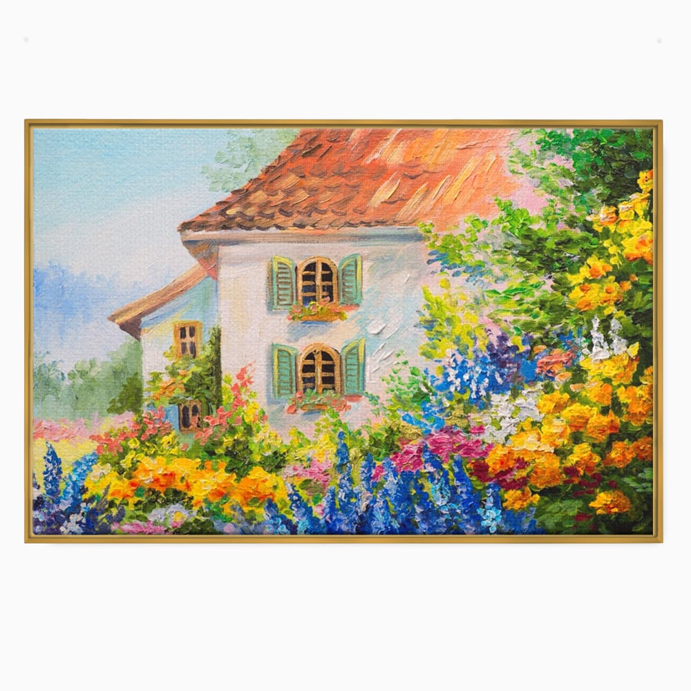 Tablou Canvas Premium LuxCanva® A1109, Casa Din Gradina ,  Peisaj, Natura, Flori Galbene, Culori Vibrante