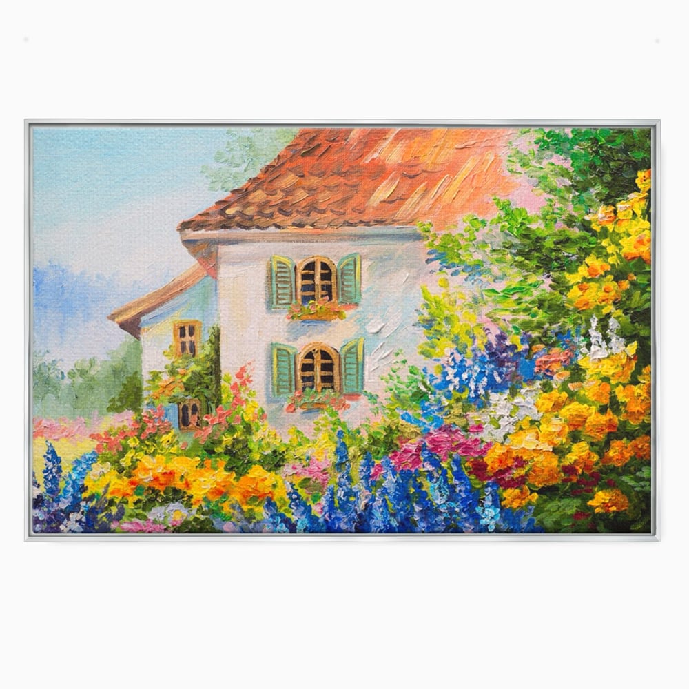 Tablou Canvas Premium LuxCanva® A1109, Casa Din Gradina ,  Peisaj, Natura, Flori Galbene, Culori Vibrante
