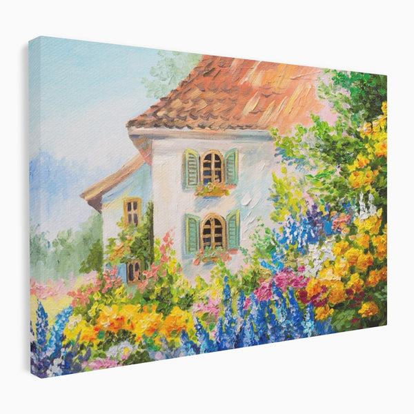 Tablou Canvas Premium LuxCanva® A1109, Casa Din Gradina ,  Peisaj, Natura, Flori Galbene, Culori Vibrante