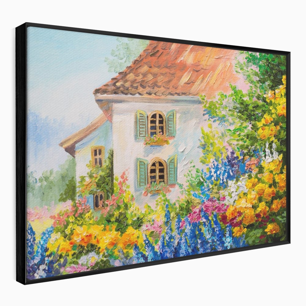 Tablou Canvas Premium LuxCanva® A1109, Casa Din Gradina ,  Peisaj, Natura, Flori Galbene, Culori Vibrante