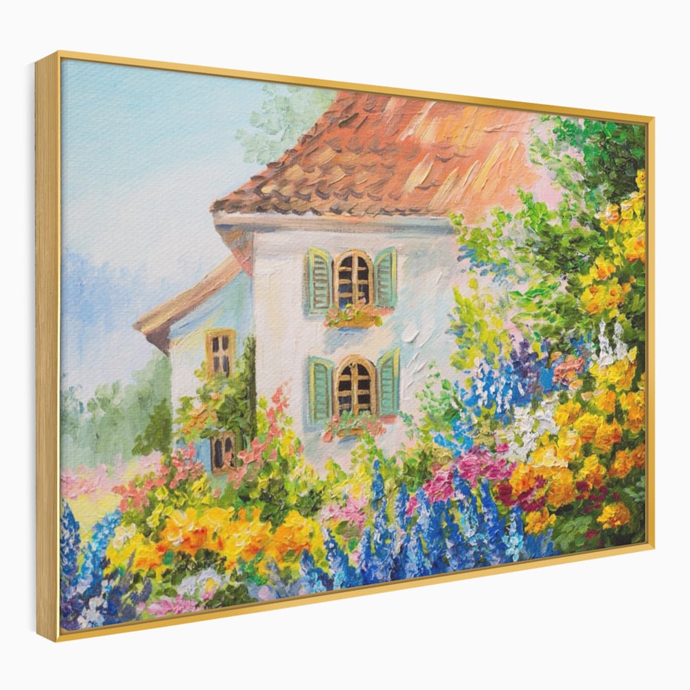 Tablou Canvas Premium LuxCanva® A1109, Casa Din Gradina ,  Peisaj, Natura, Flori Galbene, Culori Vibrante
