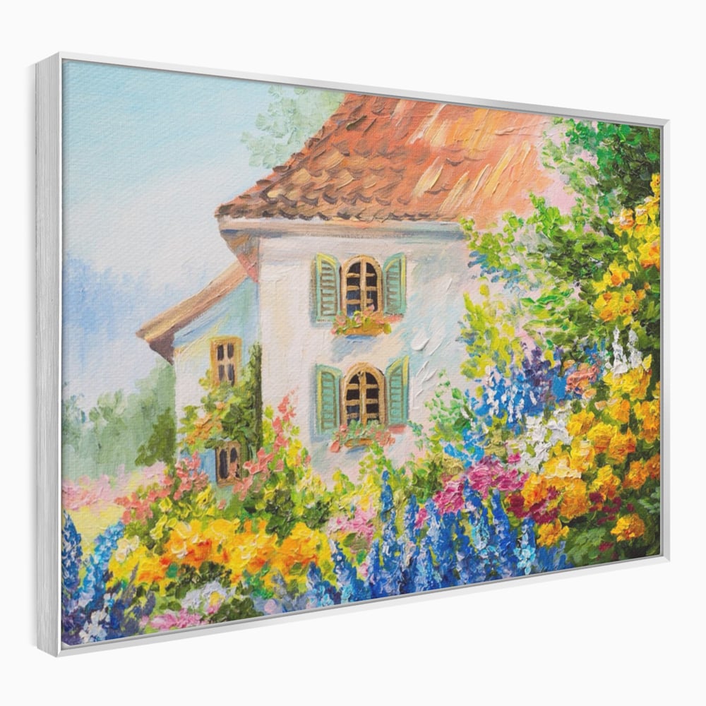 Tablou Canvas Premium LuxCanva® A1109, Casa Din Gradina ,  Peisaj, Natura, Flori Galbene, Culori Vibrante