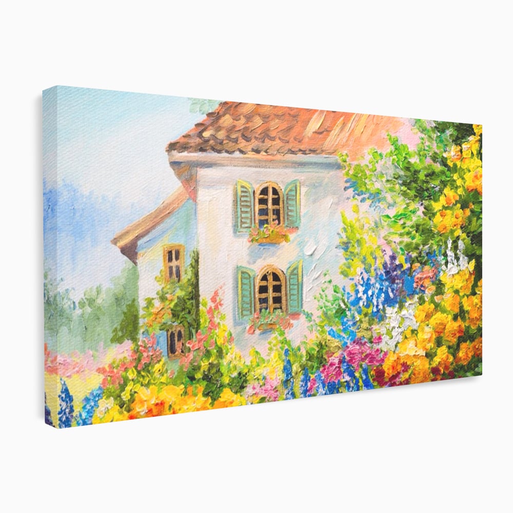 Tablou Canvas Premium LuxCanva® A1109, Casa Din Gradina ,  Peisaj, Natura, Flori Galbene, Culori Vibrante
