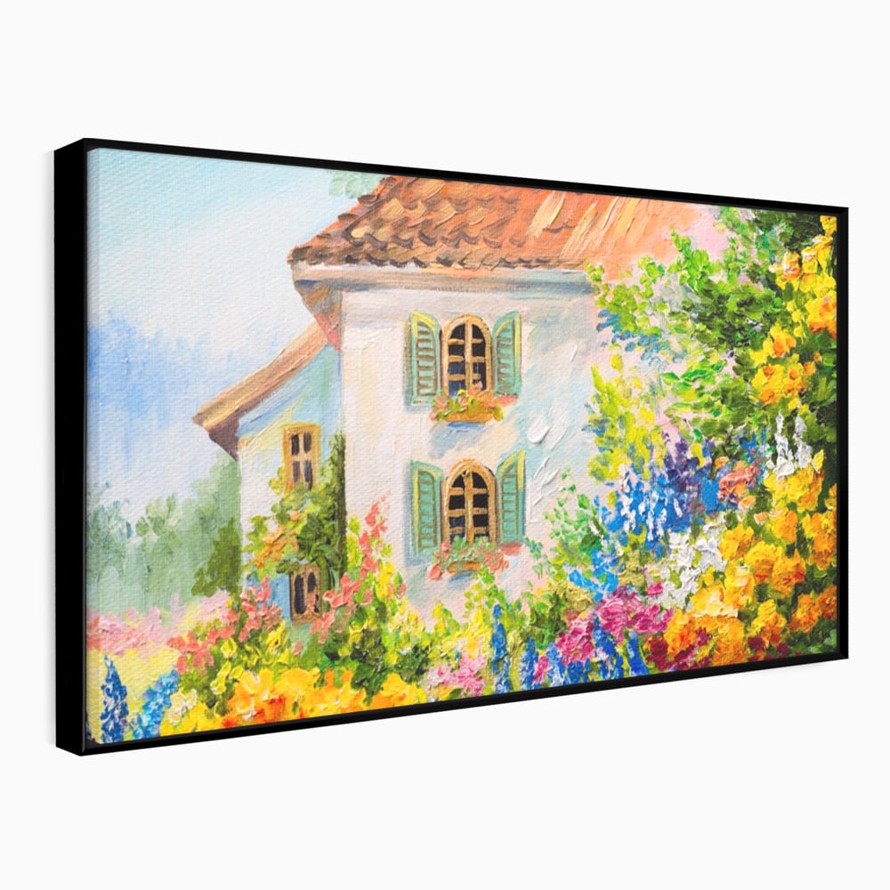 Tablou Canvas Premium LuxCanva® A1109, Casa Din Gradina ,  Peisaj, Natura, Flori Galbene, Culori Vibrante