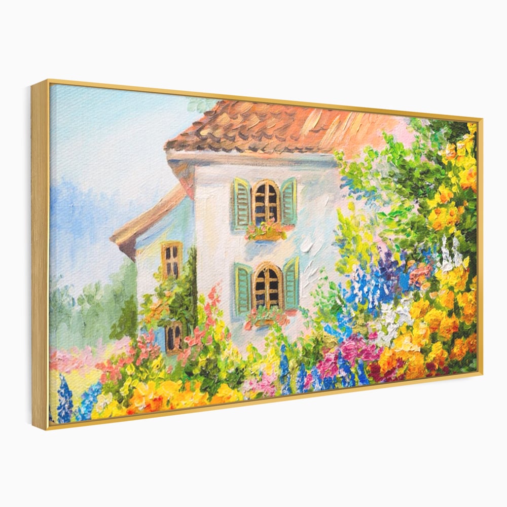 Tablou Canvas Premium LuxCanva® A1109, Casa Din Gradina ,  Peisaj, Natura, Flori Galbene, Culori Vibrante