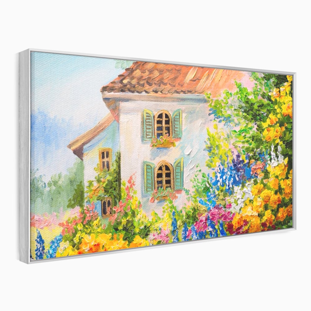 Tablou Canvas Premium LuxCanva® A1109, Casa Din Gradina ,  Peisaj, Natura, Flori Galbene, Culori Vibrante