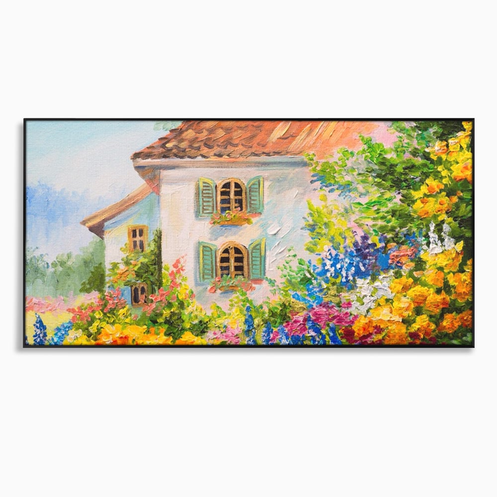 Tablou Canvas Premium LuxCanva® A1109, Casa Din Gradina ,  Peisaj, Natura, Flori Galbene, Culori Vibrante
