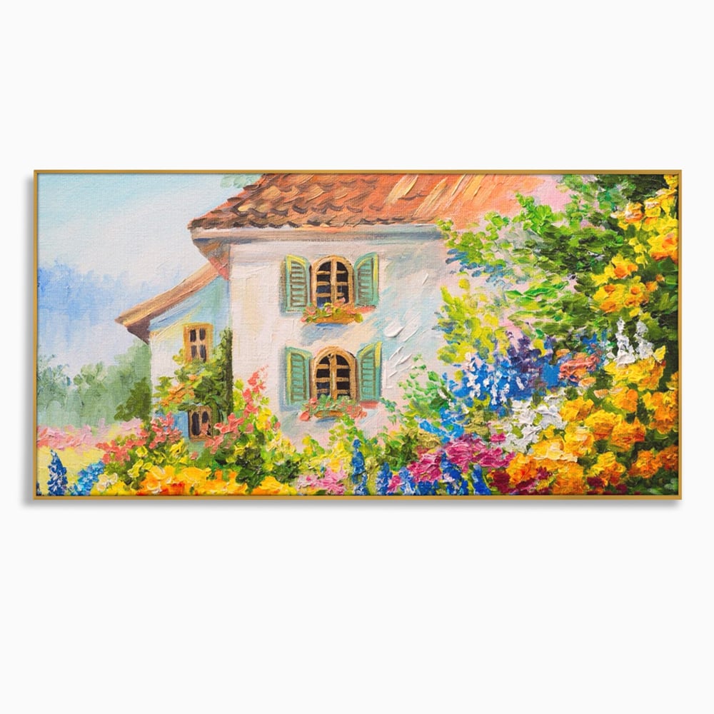 Tablou Canvas Premium LuxCanva® A1109, Casa Din Gradina ,  Peisaj, Natura, Flori Galbene, Culori Vibrante