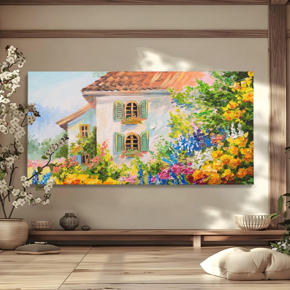 Tablou Canvas Premium LuxCanva® A1109, Casa Din Gradina ,  Peisaj, Natura, Flori Galbene, Culori Vibrante
