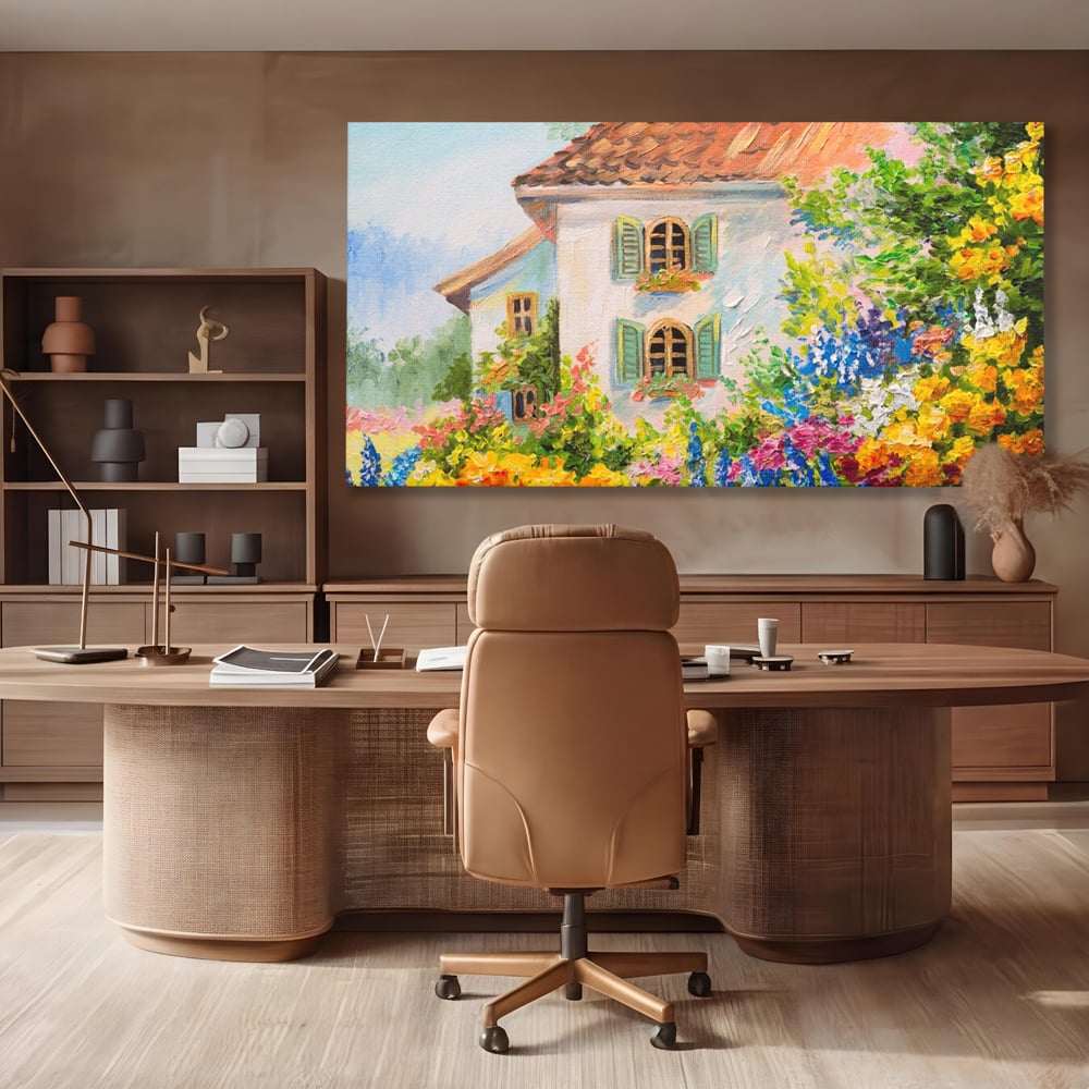 Tablou Canvas Premium LuxCanva® A1109, Casa Din Gradina ,  Peisaj, Natura, Flori Galbene, Culori Vibrante