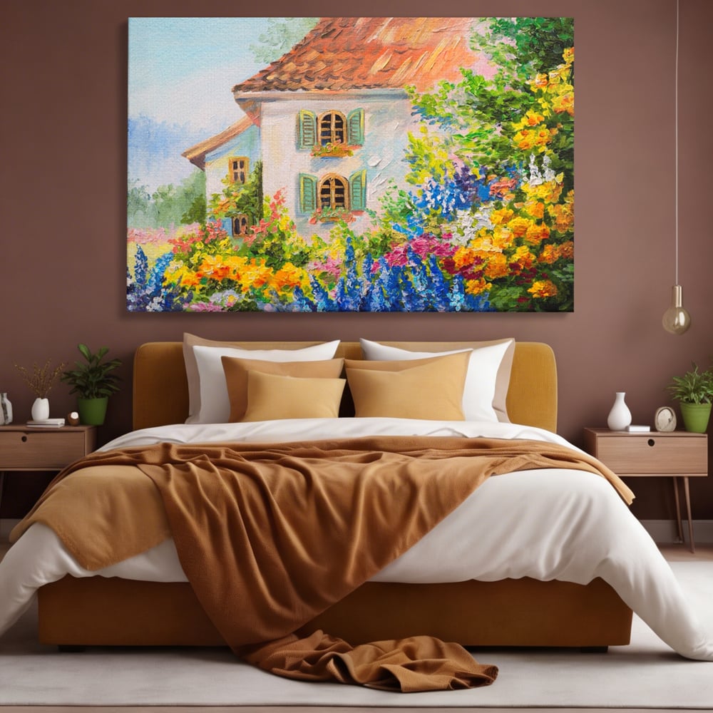 Tablou Canvas Premium LuxCanva® A1109, Casa Din Gradina ,  Peisaj, Natura, Flori Galbene, Culori Vibrante