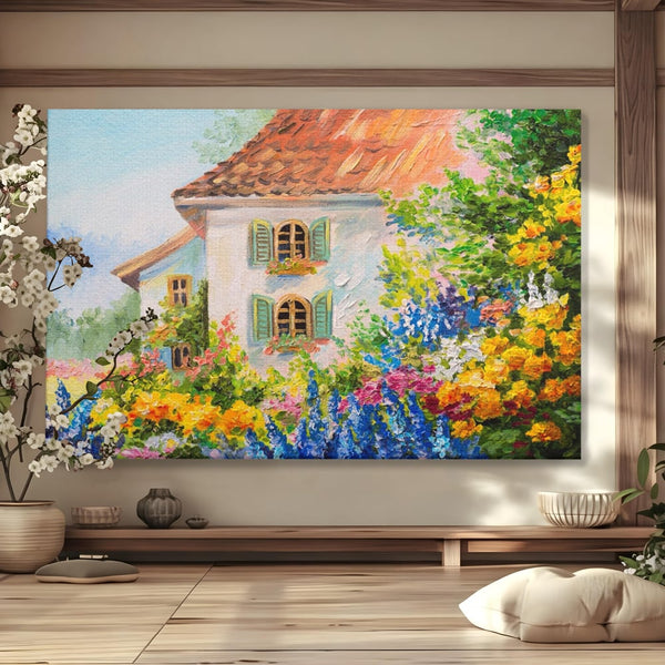 Tablou Canvas Premium LuxCanva® A1109, Casa Din Gradina ,  Peisaj, Natura, Flori Galbene, Culori Vibrante