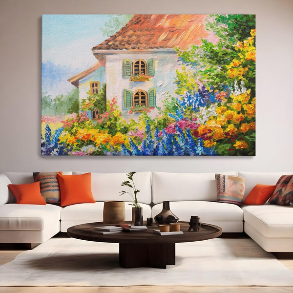 Tablou Canvas Premium LuxCanva® A1109, Casa Din Gradina ,  Peisaj, Natura, Flori Galbene, Culori Vibrante