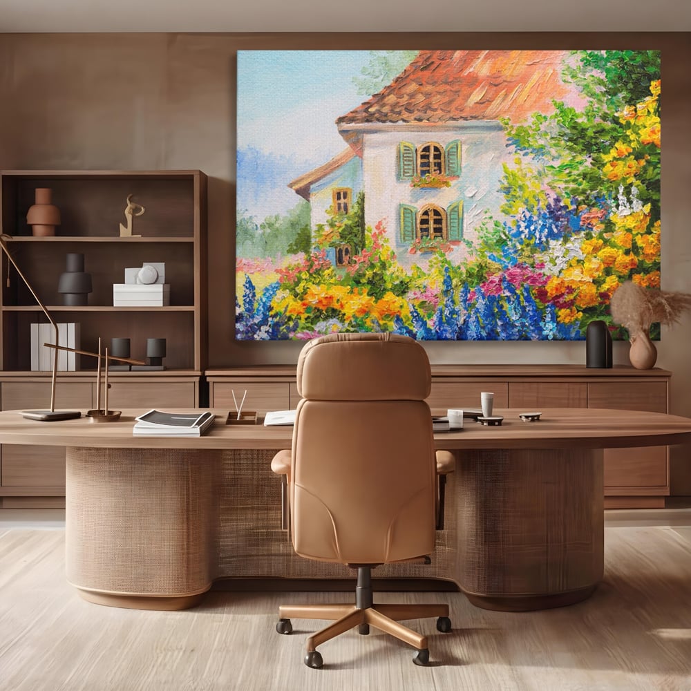 Tablou Canvas Premium LuxCanva® A1109, Casa Din Gradina ,  Peisaj, Natura, Flori Galbene, Culori Vibrante