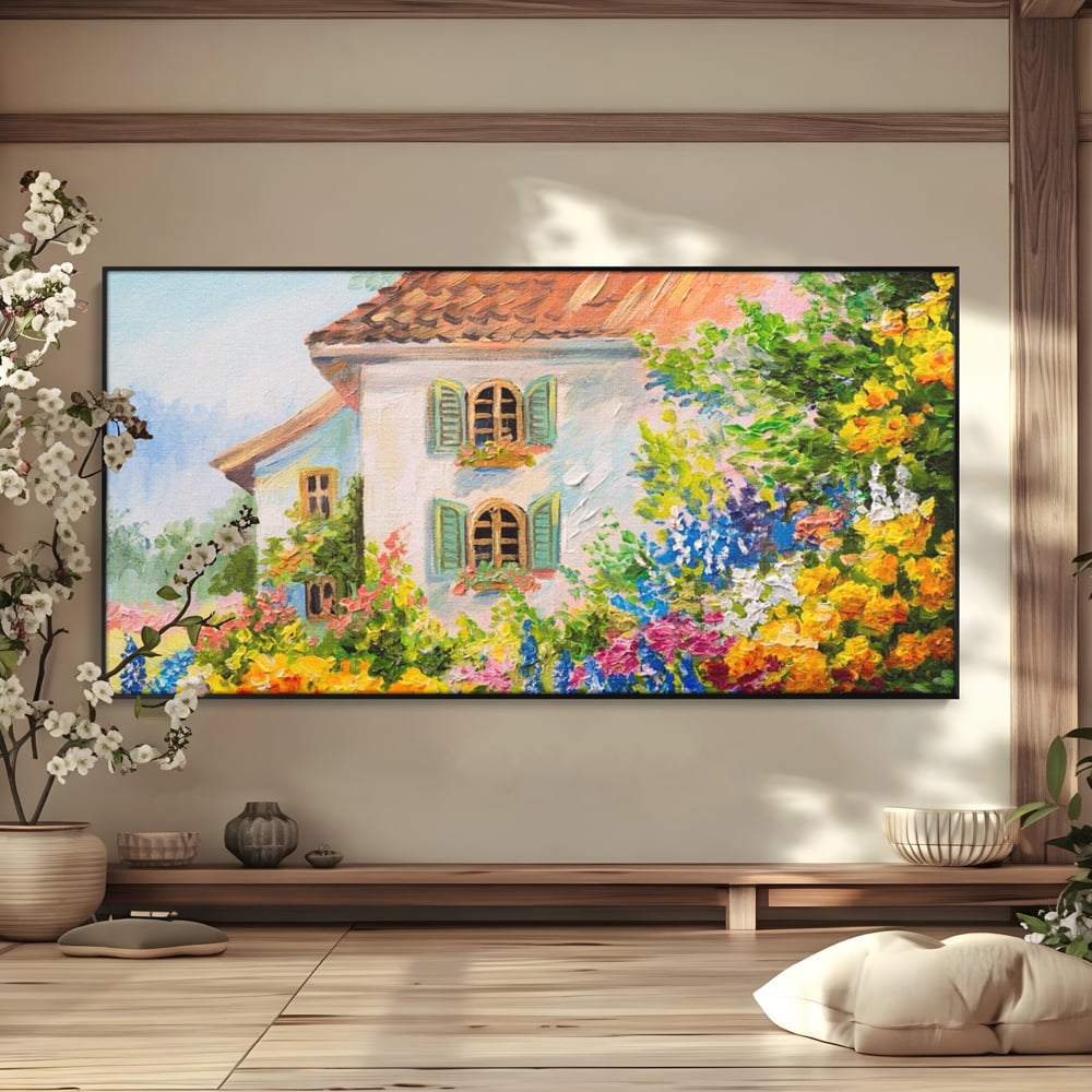 Tablou Canvas Premium LuxCanva® A1109, Casa Din Gradina ,  Peisaj, Natura, Flori Galbene, Culori Vibrante