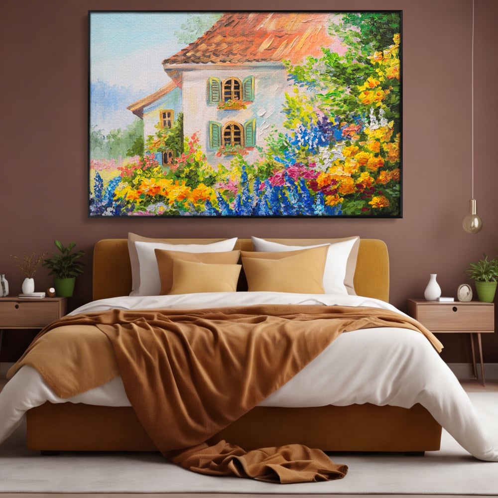 Tablou Canvas Premium LuxCanva® A1109, Casa Din Gradina ,  Peisaj, Natura, Flori Galbene, Culori Vibrante