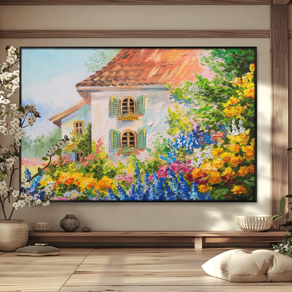 Tablou Canvas Premium LuxCanva® A1109, Casa Din Gradina ,  Peisaj, Natura, Flori Galbene, Culori Vibrante