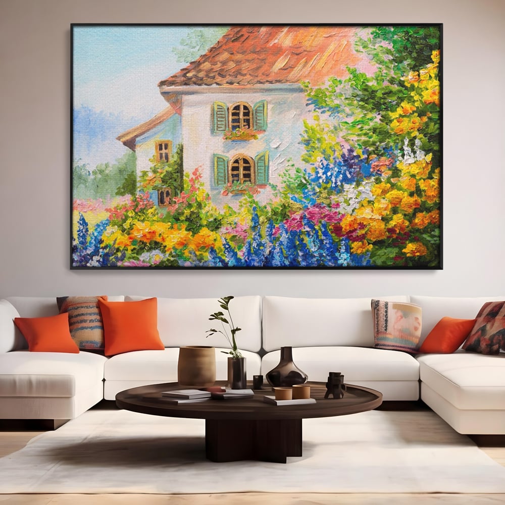 Tablou Canvas Premium LuxCanva® A1109, Casa Din Gradina ,  Peisaj, Natura, Flori Galbene, Culori Vibrante