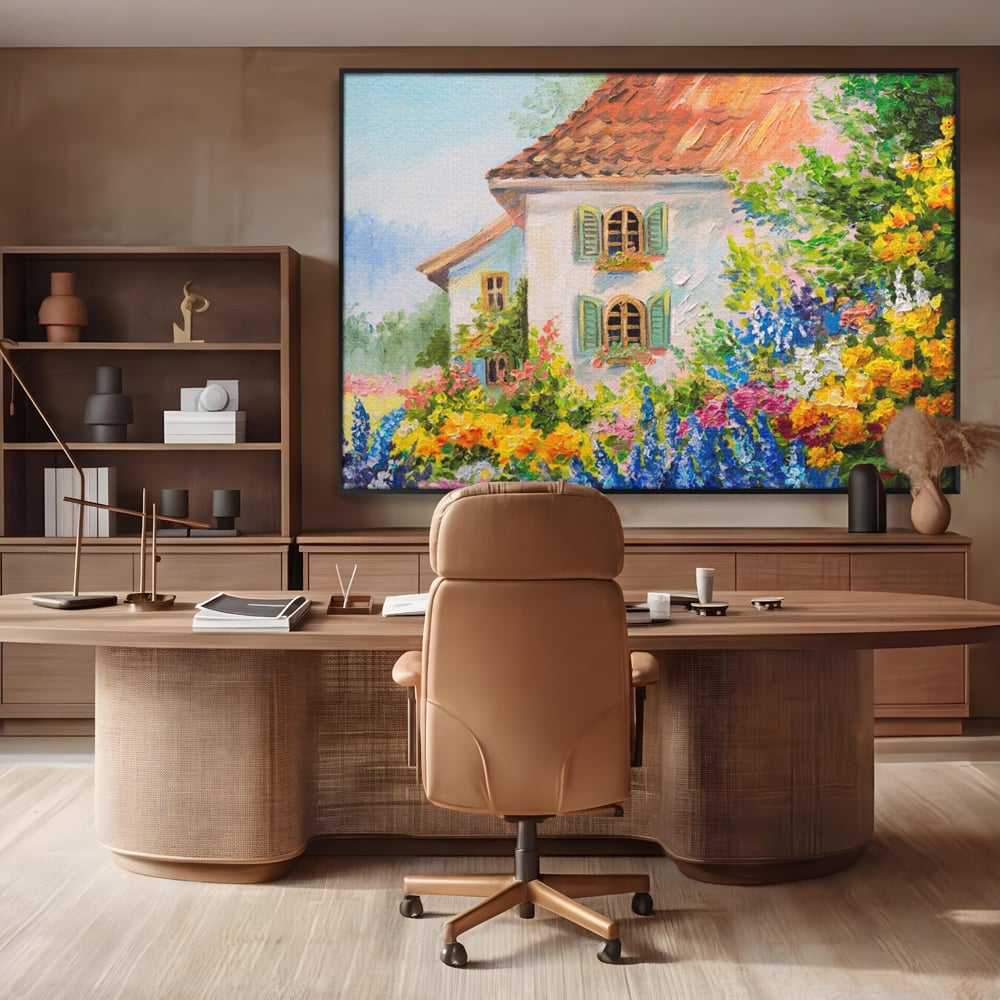 Tablou Canvas Premium LuxCanva® A1109, Casa Din Gradina ,  Peisaj, Natura, Flori Galbene, Culori Vibrante
