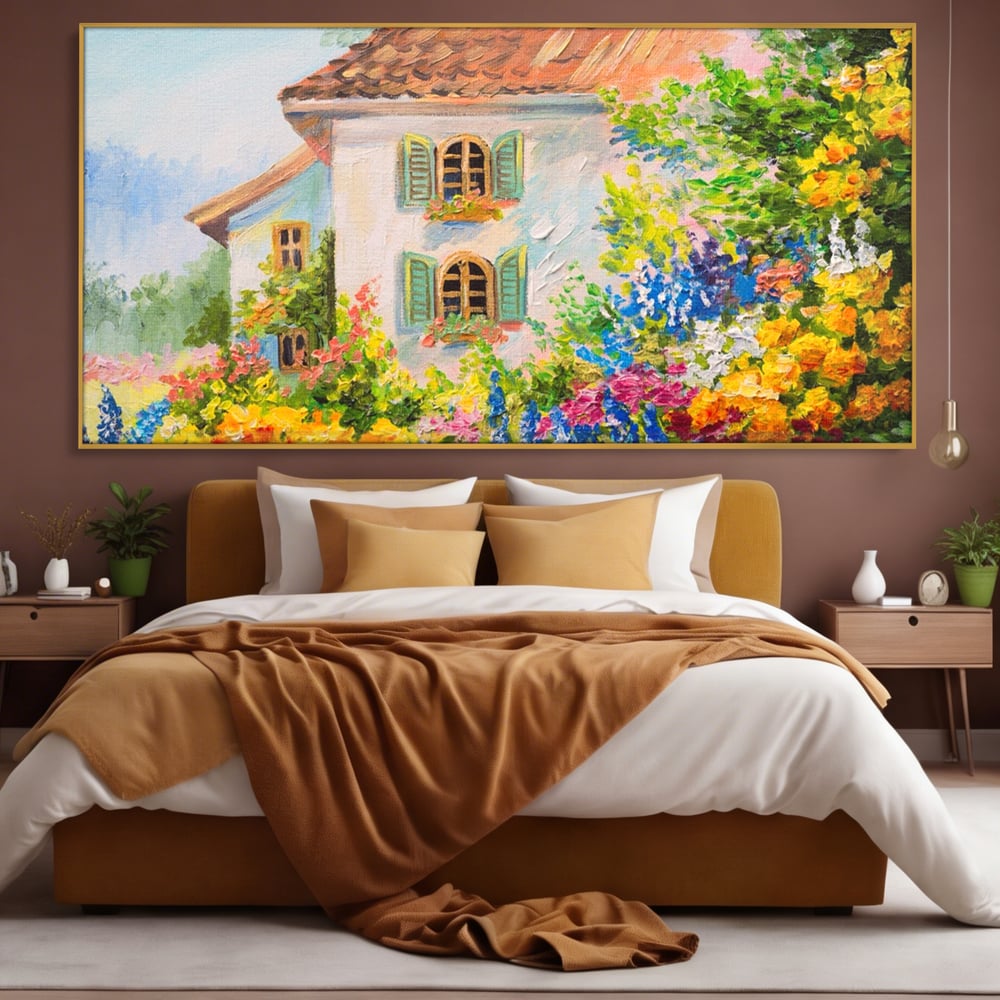 Tablou Canvas Premium LuxCanva® A1109, Casa Din Gradina ,  Peisaj, Natura, Flori Galbene, Culori Vibrante
