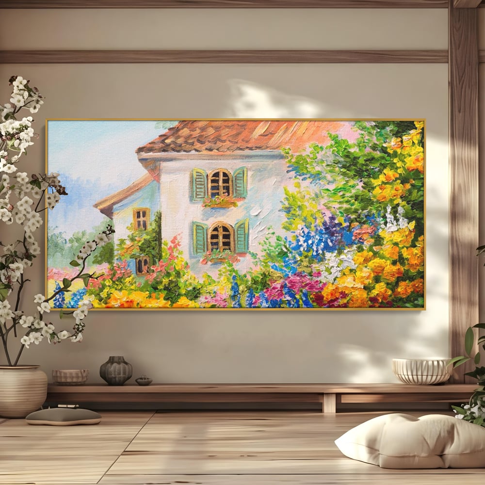 Tablou Canvas Premium LuxCanva® A1109, Casa Din Gradina ,  Peisaj, Natura, Flori Galbene, Culori Vibrante