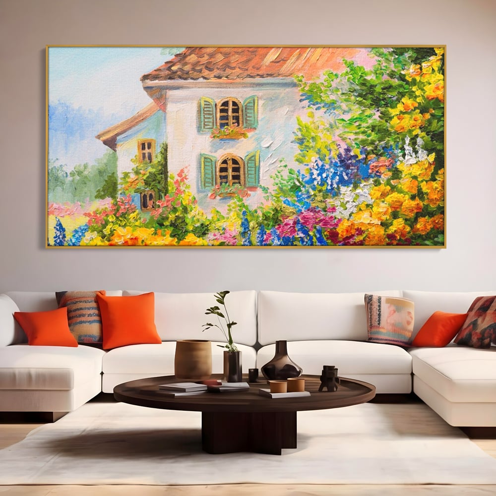 Tablou Canvas Premium LuxCanva® A1109, Casa Din Gradina ,  Peisaj, Natura, Flori Galbene, Culori Vibrante