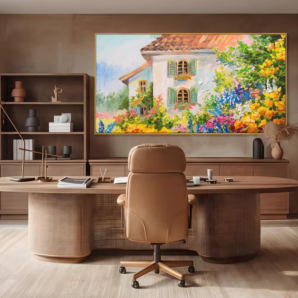 Tablou Canvas Premium LuxCanva® A1109, Casa Din Gradina ,  Peisaj, Natura, Flori Galbene, Culori Vibrante