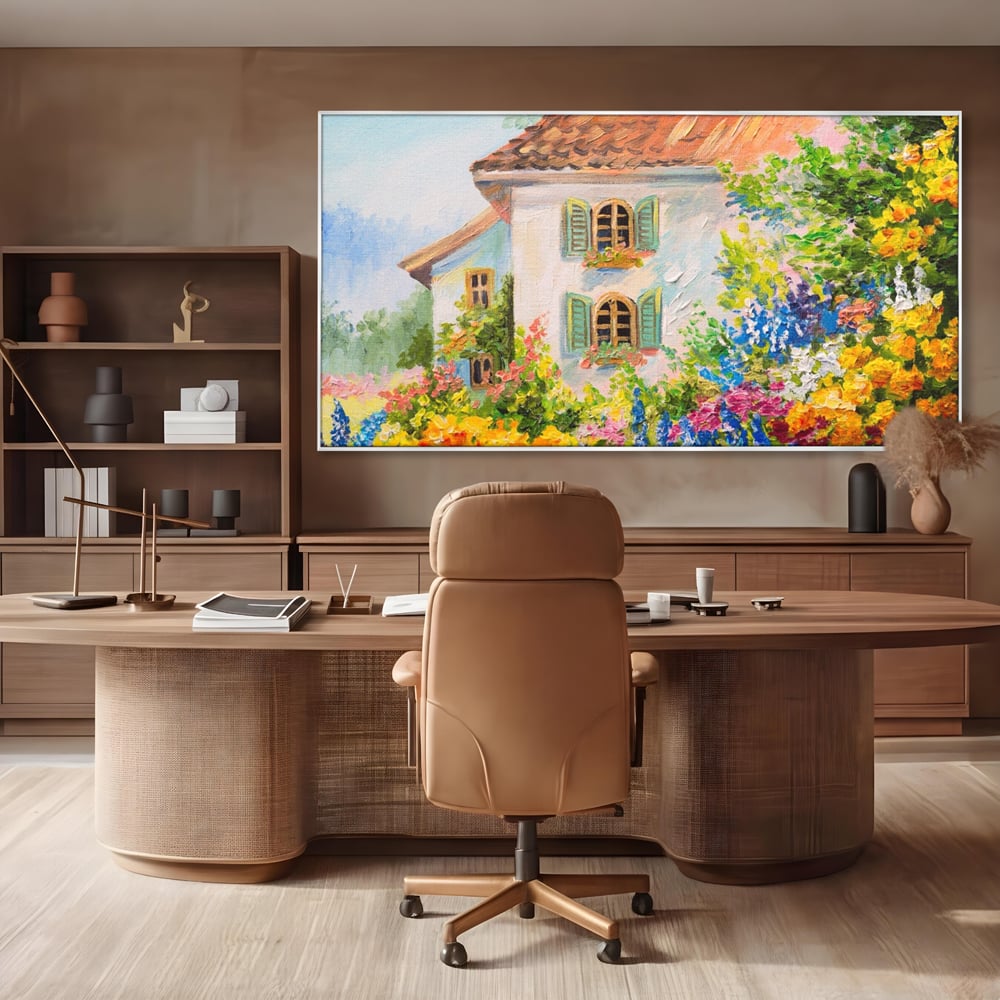 Tablou Canvas Premium LuxCanva® A1109, Casa Din Gradina ,  Peisaj, Natura, Flori Galbene, Culori Vibrante