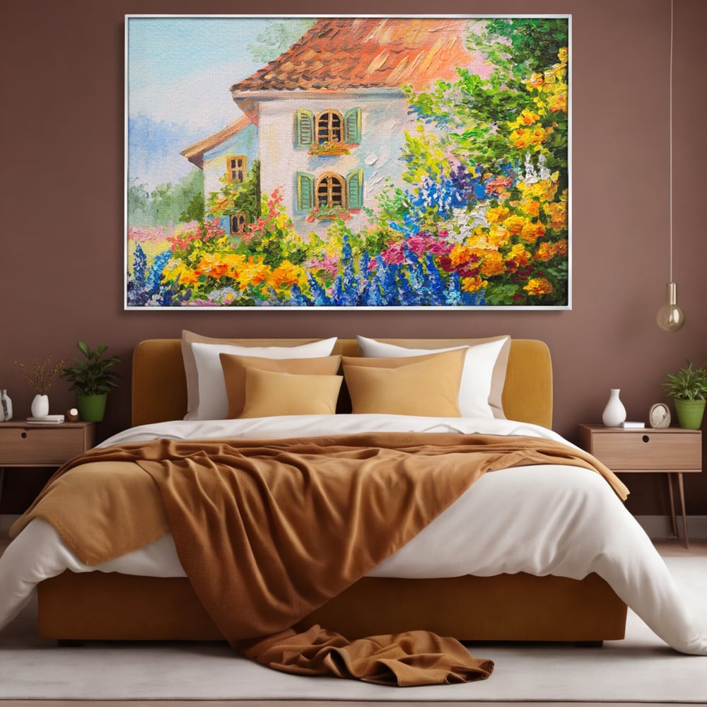 Tablou Canvas Premium LuxCanva® A1109, Casa Din Gradina ,  Peisaj, Natura, Flori Galbene, Culori Vibrante